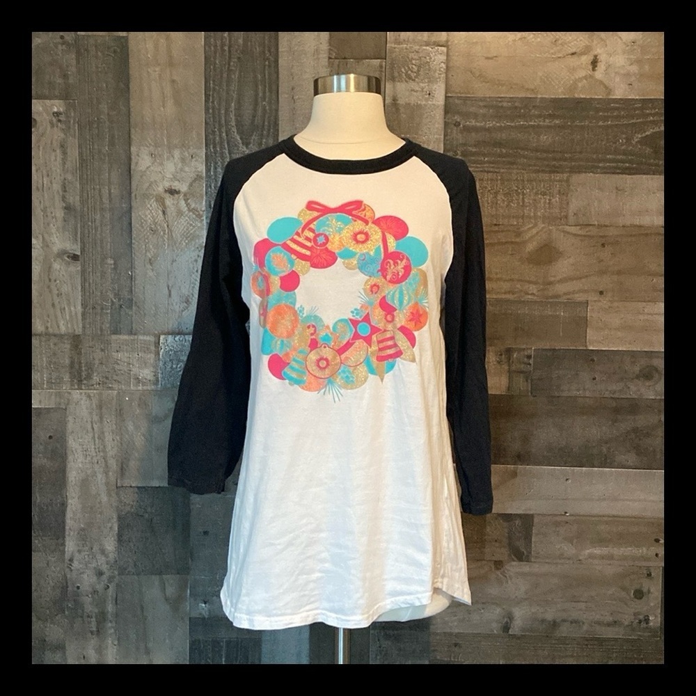 Cute Christmas wreath baseball tee small metallic pastel holiday party winter